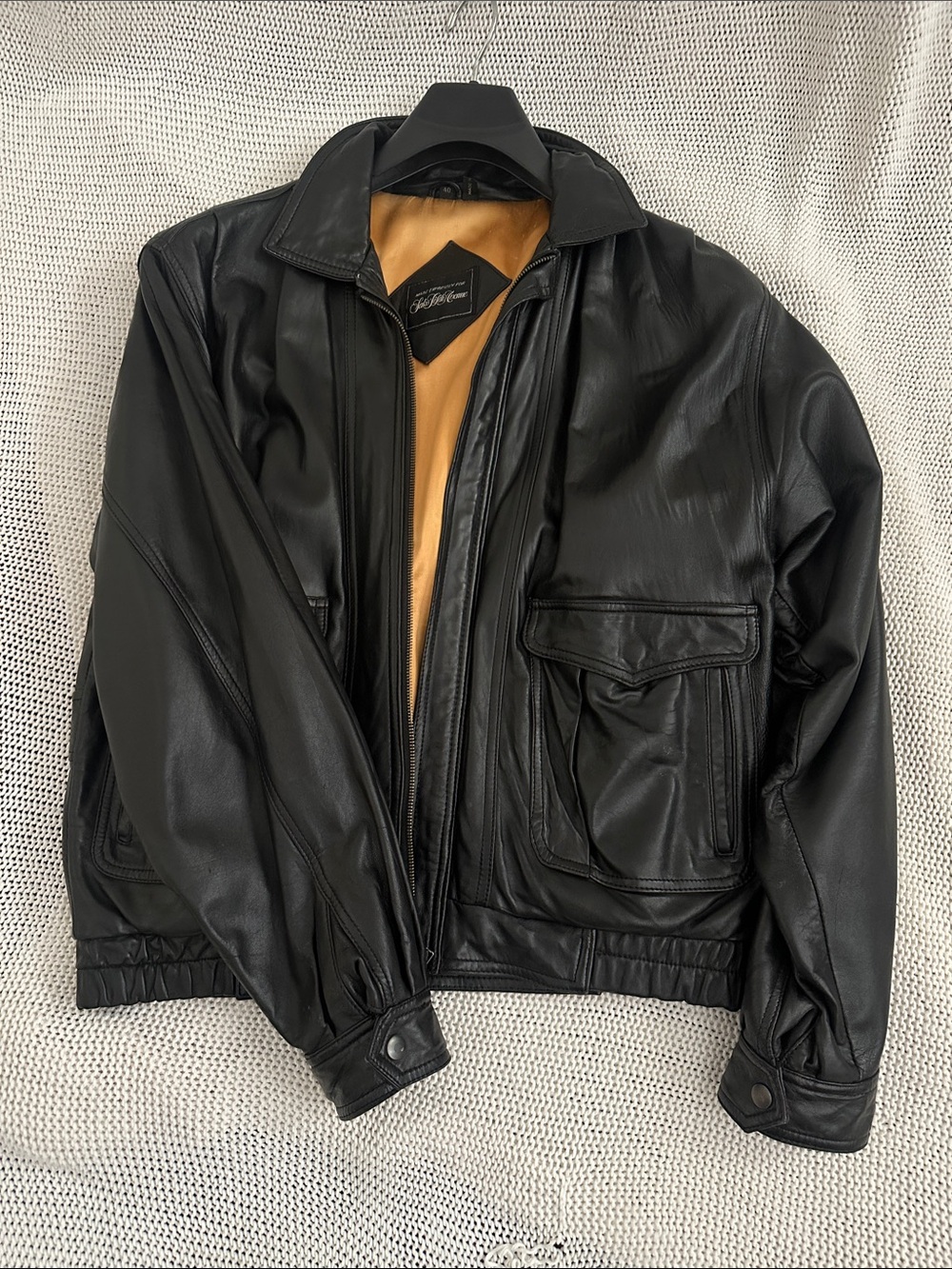 Saks Fifth Avenue Black Leather Bomber Jacket with Gold Interior